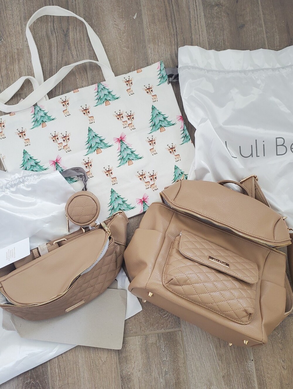 Luli Bebe Petit Diaper Bag, Sling/fanny Pack And Christmas Tote Bundle Latte Br